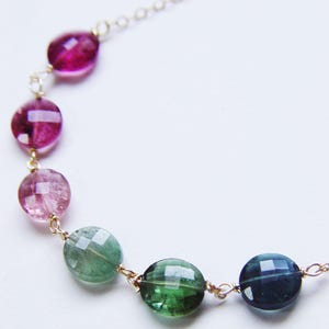 Rainbow Tourmaline Bar Necklace: 14k Gold Filled Watermelon Tourmaline Gemstone Pendant - October Birthstone