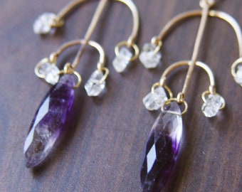 Chandelier Tree Fluorite Gold Earrings - Gothic Herkimer Diamond Chandelier Earrings   -  14k Diamond Statement Earrings