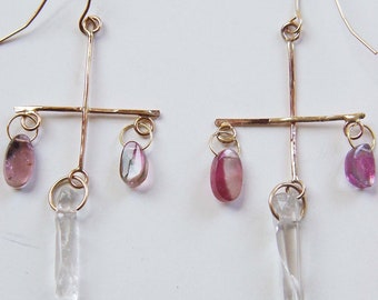 Victorian Gold Cross Tourmaline Earrings - Watermelon Tourmaline chandelier Earrings - Layered Mobile Quartz Drop Earrings