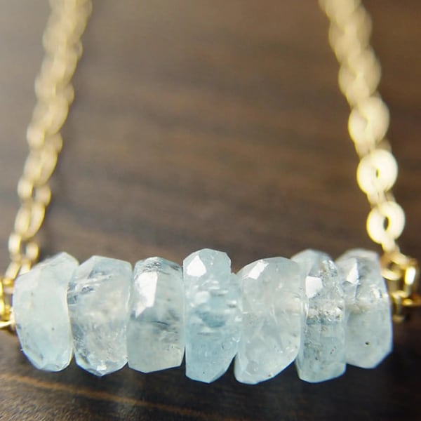 Raw Aquamarine Gemstone Nugget Necklace: 14K Gold Fill, Boho Bride Blue Crystal Jewelry