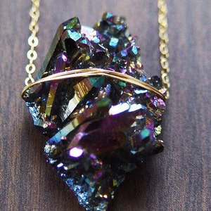 Rainbow Aura Titanium Crystal Necklace: 14K Gold Fill Raw Stone Boho Fall Jewelry