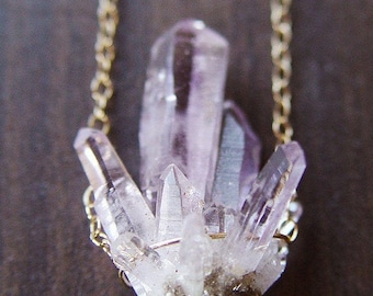 Vera Cruz Amethyst Gold Necklace. Raw Amethyst Crystal Cluster Necklace