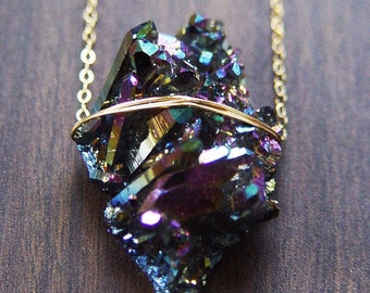 Titanium Aura Gold Necklace. Rainbow Aura Crystal Statement Necklace.