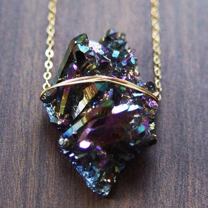 Titanium Aura Gold Necklace. Rainbow Aura Crystal Statement Necklace.