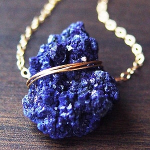 Blue Azurite Crystal Gold Fill Statement Necklace: Raw Healing Crystal Stone Pendant