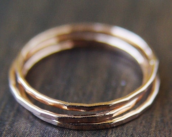 Delicate Hammered Rose Gold Wedding Band Set: Minimalist 14k Gold Filled Stacking Rings