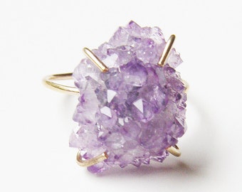 Amethyst Crystal Gold Ring, Large Raw Amethyst Druzy Ring,  Boho Statement Crystal Jewelry, Lavender Amethyst Crystal 14k Gold Ring