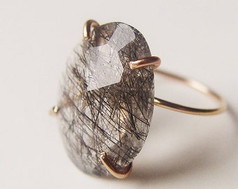 Freeform Rutilated Quartz Ring. Black Rutile Quartz Gold Ring