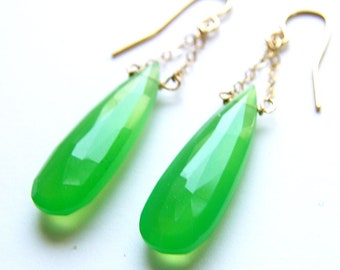 Chrysoprase Teardrop 14k Gold Chain Earrings