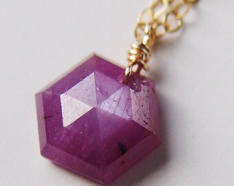 Pink Sapphire Hexagon Necklace. Star Sapphire Gold Necklace
