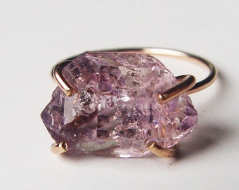 Amethyst Herkimer Gold Ring, Raw Amethyst Crystal Ring