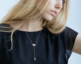Herkimer Diamond Triangle Necklace, Diamond Lariat Gold Chain Necklace