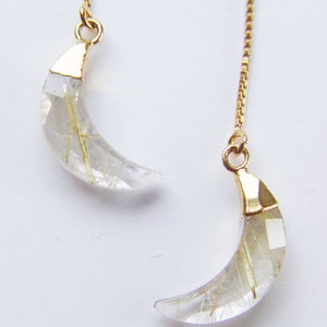 Rutilated Quartz Moon Gold Earrings. Gold Rutile Crescent Moon Earrings image 2