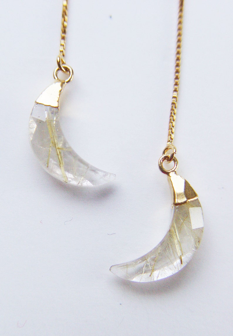 Rutilated Quartz Moon Gold Earrings. Gold Rutile Crescent Moon Earrings image 2