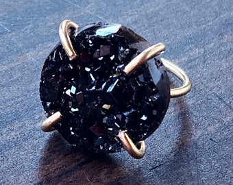 Black Andradite Garnet Drusy Gold Ring