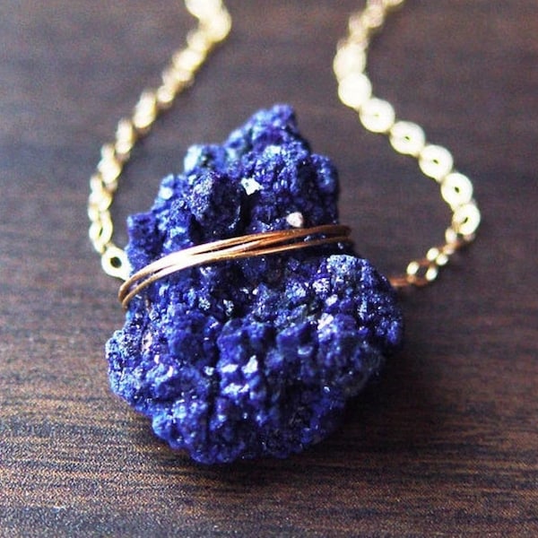 Indigo Azurite Crystal Gold Necklace,  Raw Crystal Quartz Layering Necklace