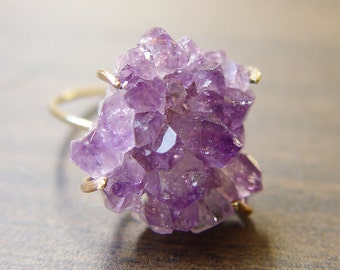 Amethyst Crystal Druzy Gold Ring, Purple Amethyst Raw Stone Ring, Large Amethyst Statement Ring,  14k Gold Druzy Ring