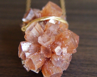 Peach Aragonite Gold Necklace. Aragonite Crystal Gold Necklace