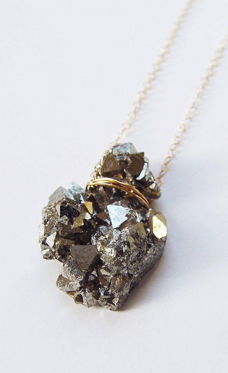 Pyrite Crystal Gold Necklace. Raw Pyrite Statement Necklace image 4