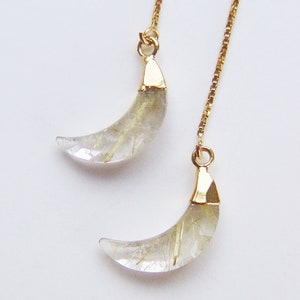 Rutilated Quartz Moon Gold Earrings. Gold Rutile Crescent Moon Earrings image 3