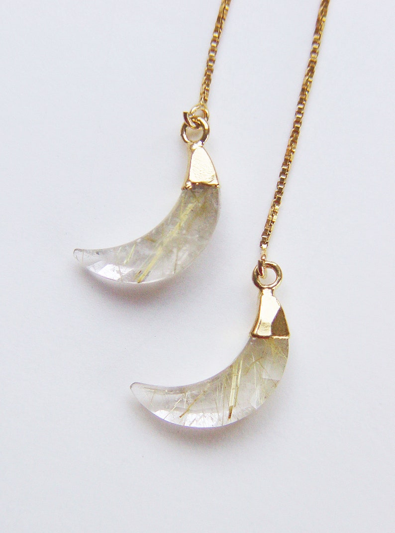 Rutilated Quartz Moon Gold Earrings. Gold Rutile Crescent Moon Earrings image 3