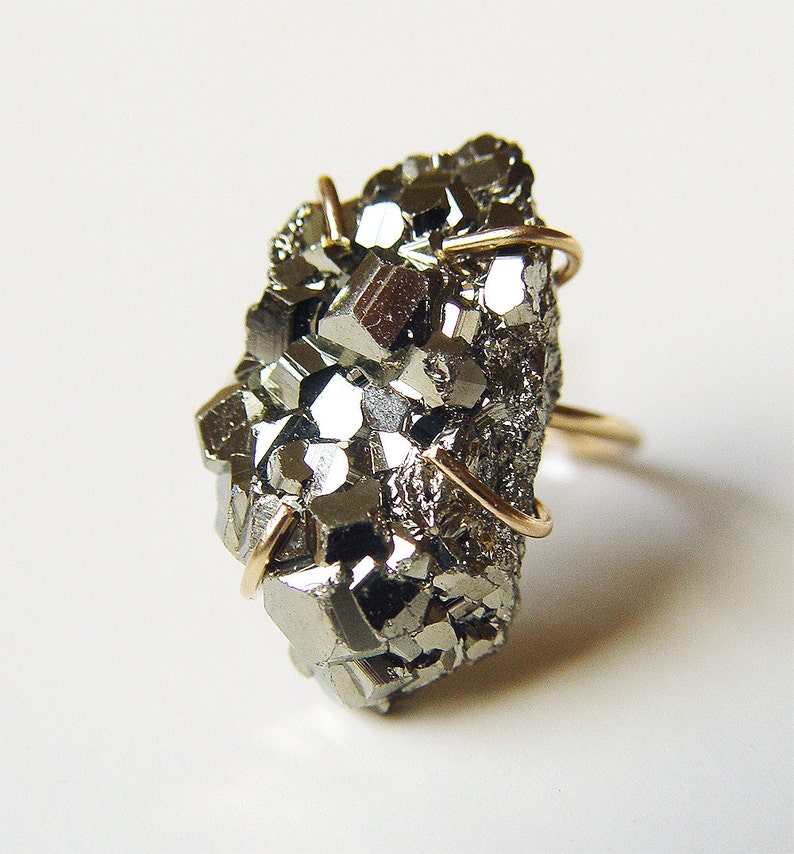 Pyrite Crystal Gold Ring. Raw Pyrite Statement Ring image 3