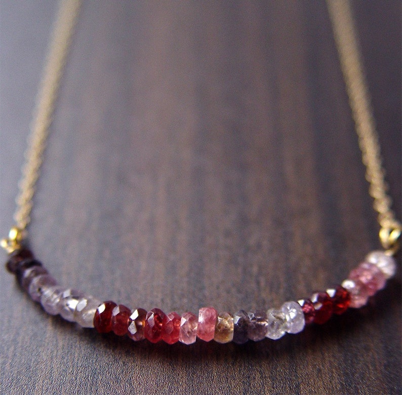 Multi Sapphire 14k Gold Bar Necklace, Shaded Sapphire Ombre Jewelry, September Birthstone Jewelry, Genuine Pink Sapphire Rondelle Necklace image 4
