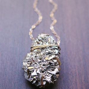 Pyrite Crystal Gold Necklace. Raw Pyrite Statement Necklace image 2