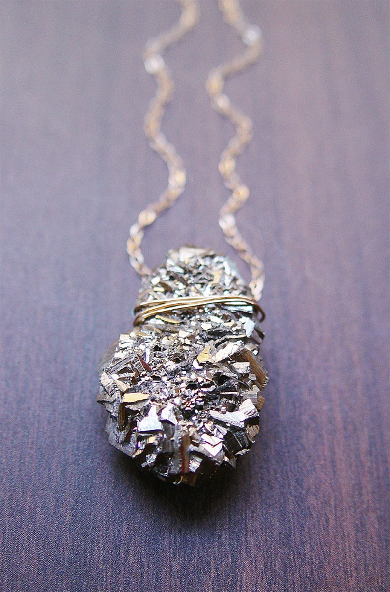 Pyrite Crystal Gold Necklace. Raw Pyrite Statement Necklace image 2