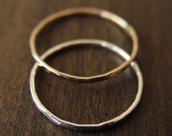 Hammered Wedding Band Gold Rings. Mixed Metal Stacking Rings