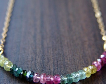 Watermelon Tourmaline Bar Necklace: 14k Gold Filled Rainbow Gemstone Jewelry - October Birthstone Pendant