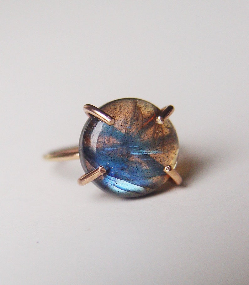 Rainbow Labradorite Gold Ring with Blue Flash in 14k Gold Filled Band