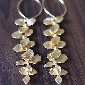 14K Gold Filled Orchid Flower Dangle Earrings: Boho Bridal Flower Cluster Jewelry