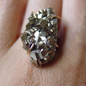 Pyrite Crystal Gold Ring. Raw Pyrite Statement Ring image 5