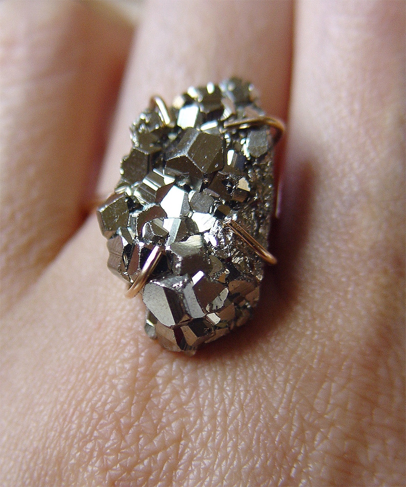 Pyrite Crystal Gold Ring. Raw Pyrite Statement Ring image 5