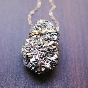 Pyrite Crystal Gold Necklace. Raw Pyrite Statement Necklace image 1