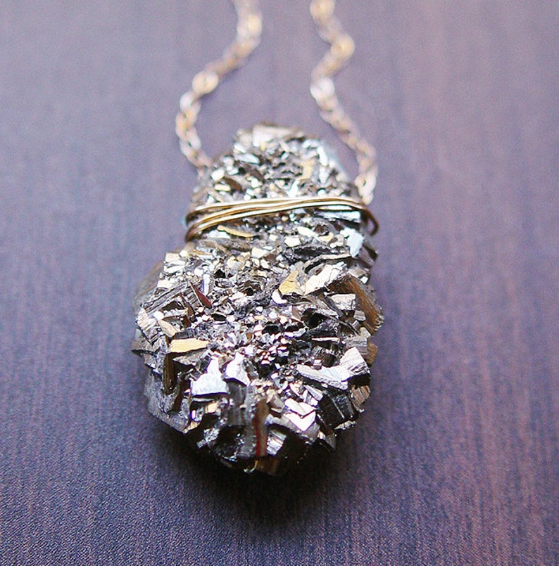 Pyrite Crystal Gold Necklace. Raw Pyrite Statement Necklace image 1