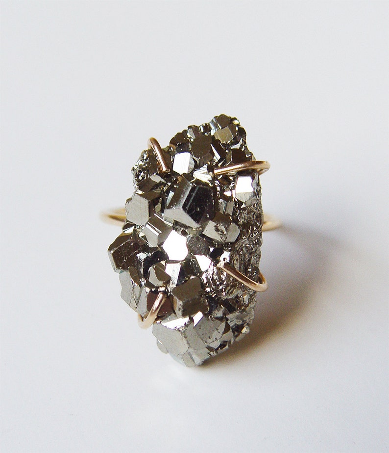 Pyrite Crystal Gold Ring. Raw Pyrite Statement Ring image 1