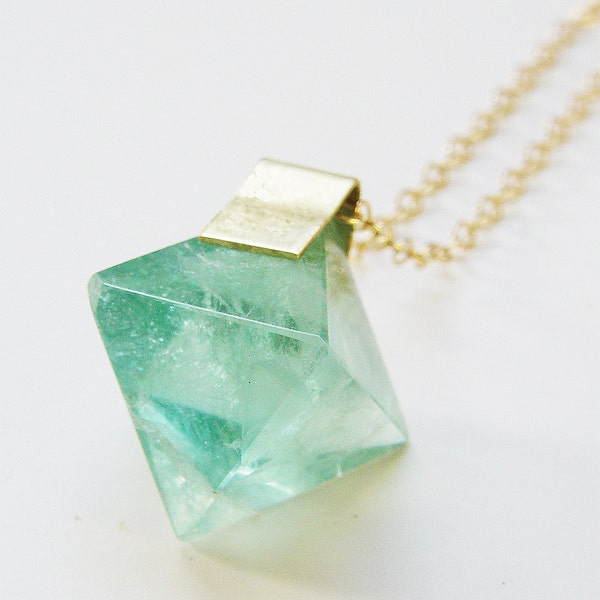 Green Fluorite Pyramid Gold Necklace - OOAK