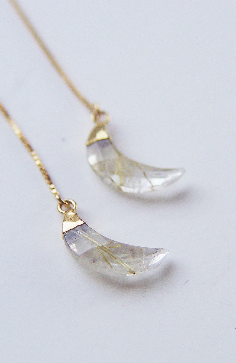 Rutilated Quartz Moon Gold Earrings. Gold Rutile Crescent Moon Earrings image 6