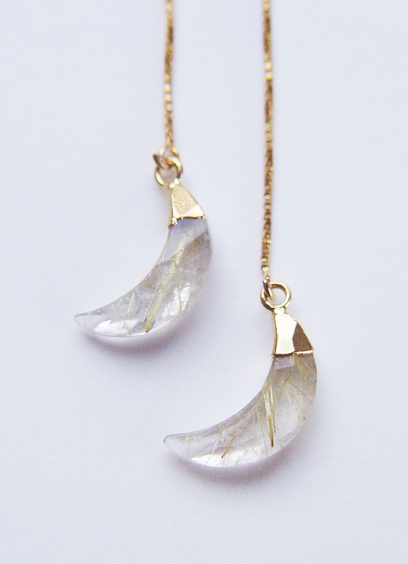 Rutilated Quartz Moon Gold Earrings. Gold Rutile Crescent Moon Earrings image 9