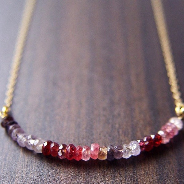 Multi Sapphire 14k Gold Bar Necklace, Shaded Sapphire Ombre Jewelry, September Birthstone Jewelry, Genuine Pink Sapphire Rondelle Necklace