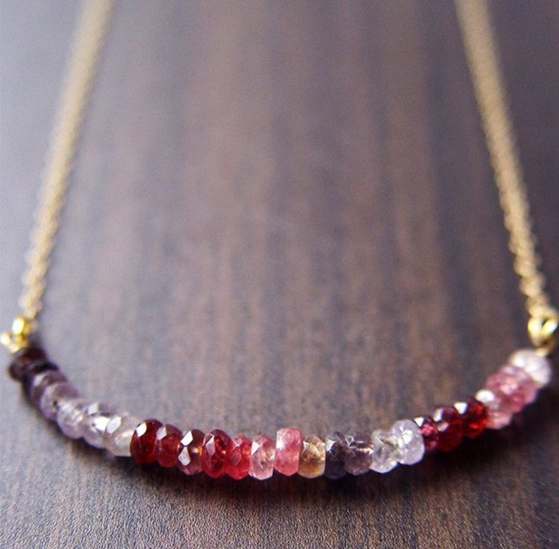 Multi Sapphire 14k Gold Bar Necklace, Shaded Sapphire Ombre Jewelry, September Birthstone Jewelry, Genuine Pink Sapphire Rondelle Necklace image 1