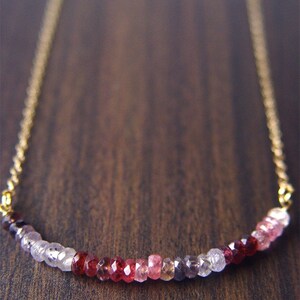 Multi Sapphire 14k Gold Bar Necklace, Shaded Sapphire Ombre Jewelry, September Birthstone Jewelry, Genuine Pink Sapphire Rondelle Necklace image 2