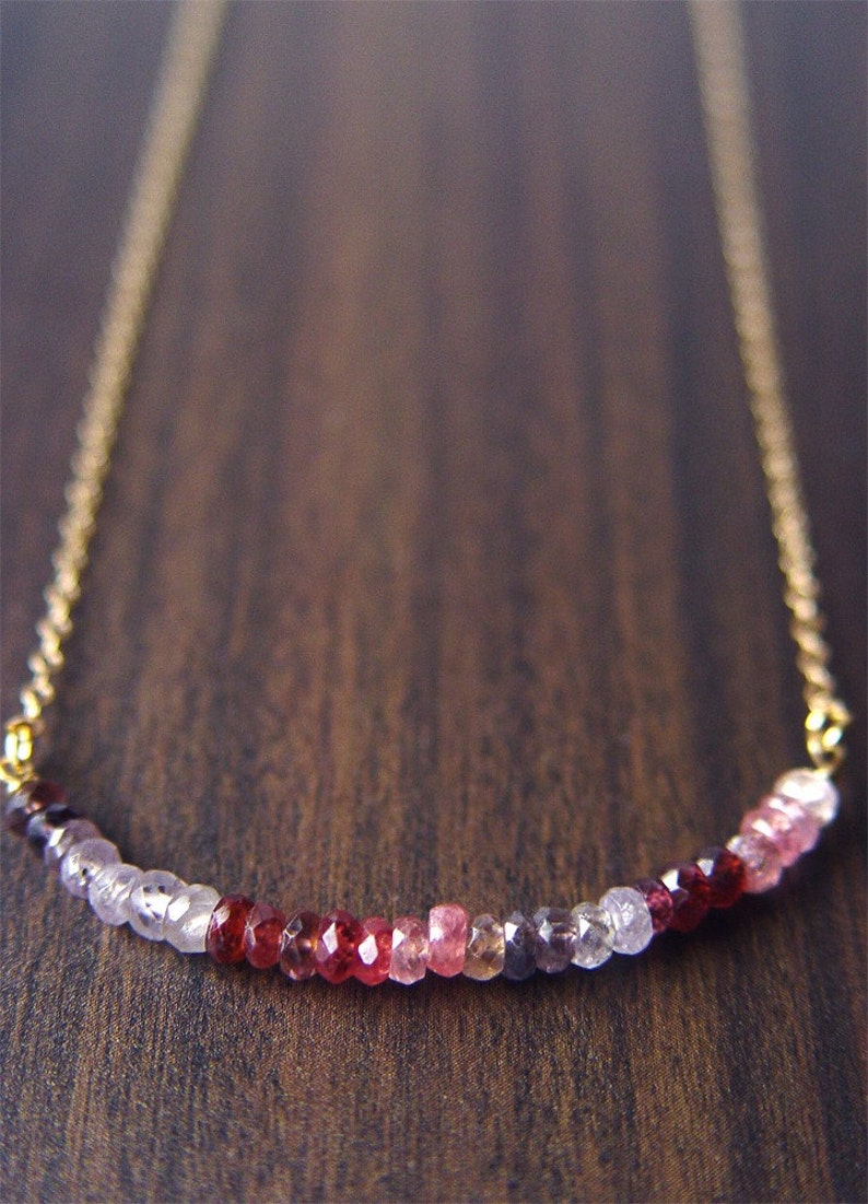 Multi Sapphire 14k Gold Bar Necklace, Shaded Sapphire Ombre Jewelry, September Birthstone Jewelry, Genuine Pink Sapphire Rondelle Necklace image 2