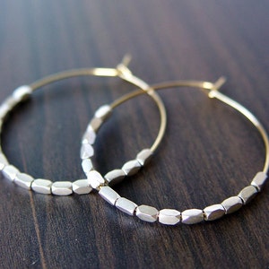 Silver Nugget Gold Hoops. Mixed Metal Hoop Earrings image 4