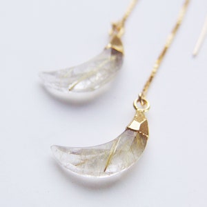 Rutilated Quartz Moon Gold Earrings. Gold Rutile Crescent Moon Earrings image 7