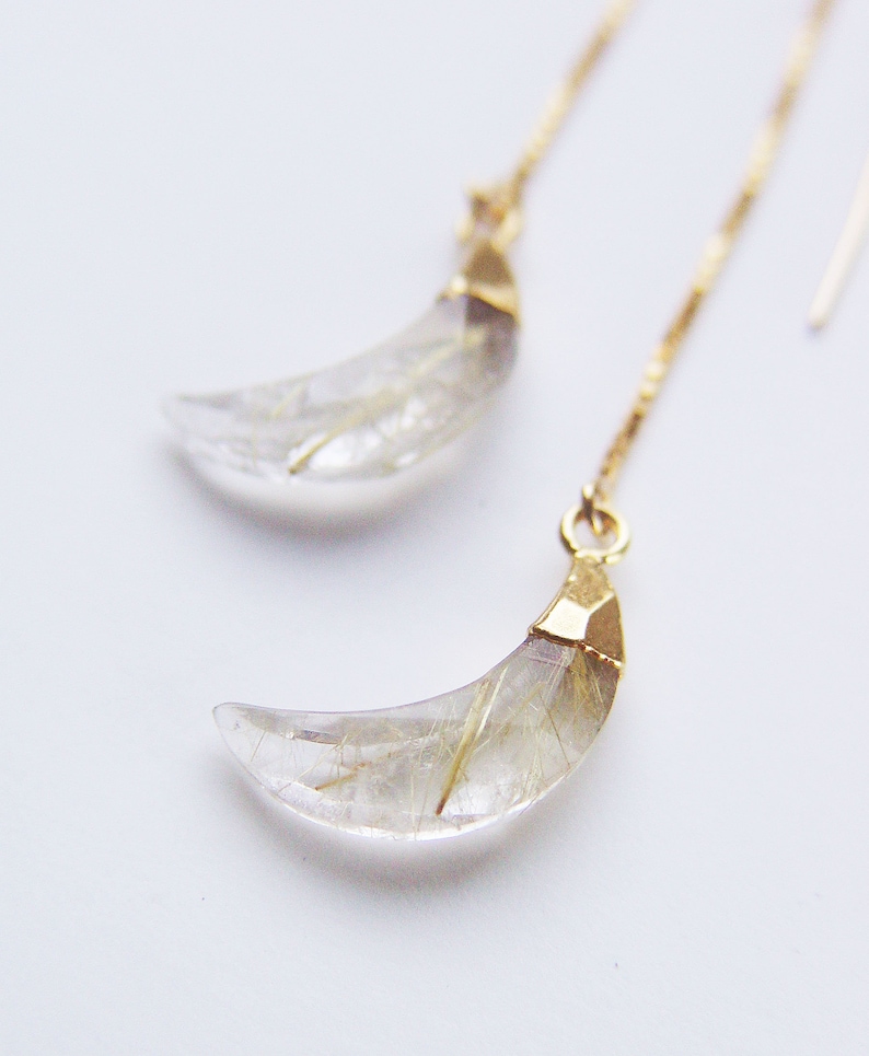 Rutilated Quartz Moon Gold Earrings. Gold Rutile Crescent Moon Earrings image 7