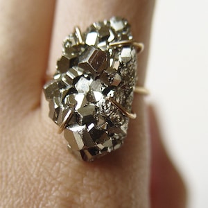 Pyrite Crystal Gold Ring. Raw Pyrite Statement Ring image 4