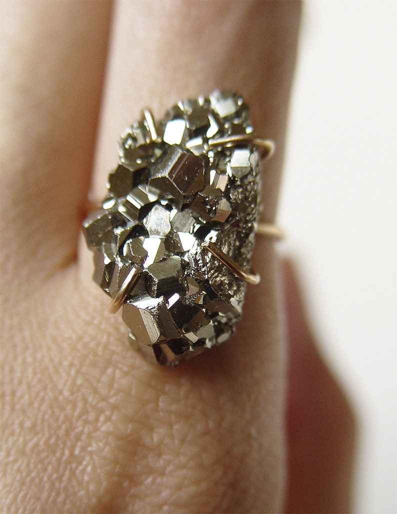 Pyrite Crystal Gold Ring. Raw Pyrite Statement Ring image 4